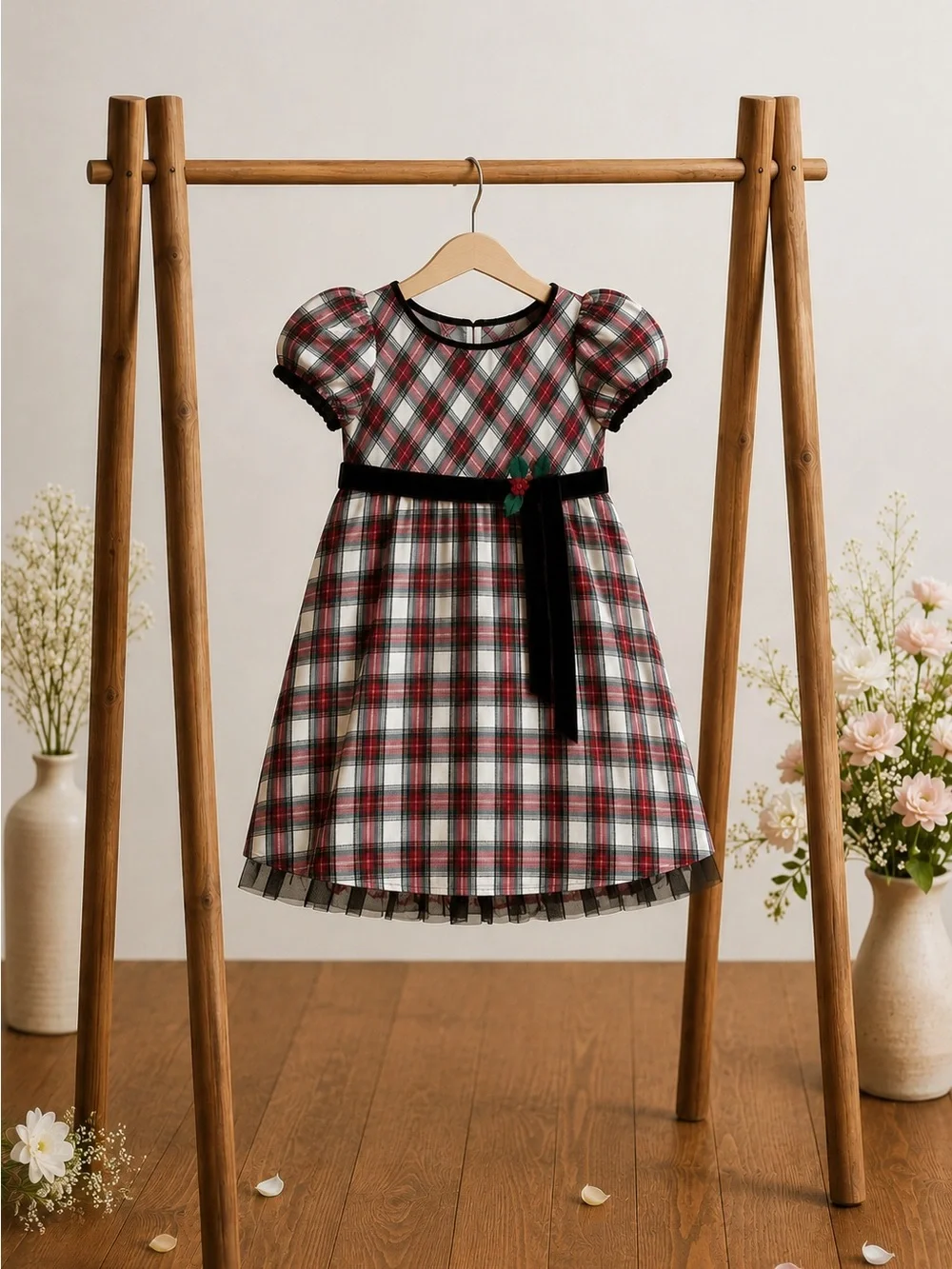 Bonnie Jean Red and Black Plaid Velvet-Sash Holiday Dress